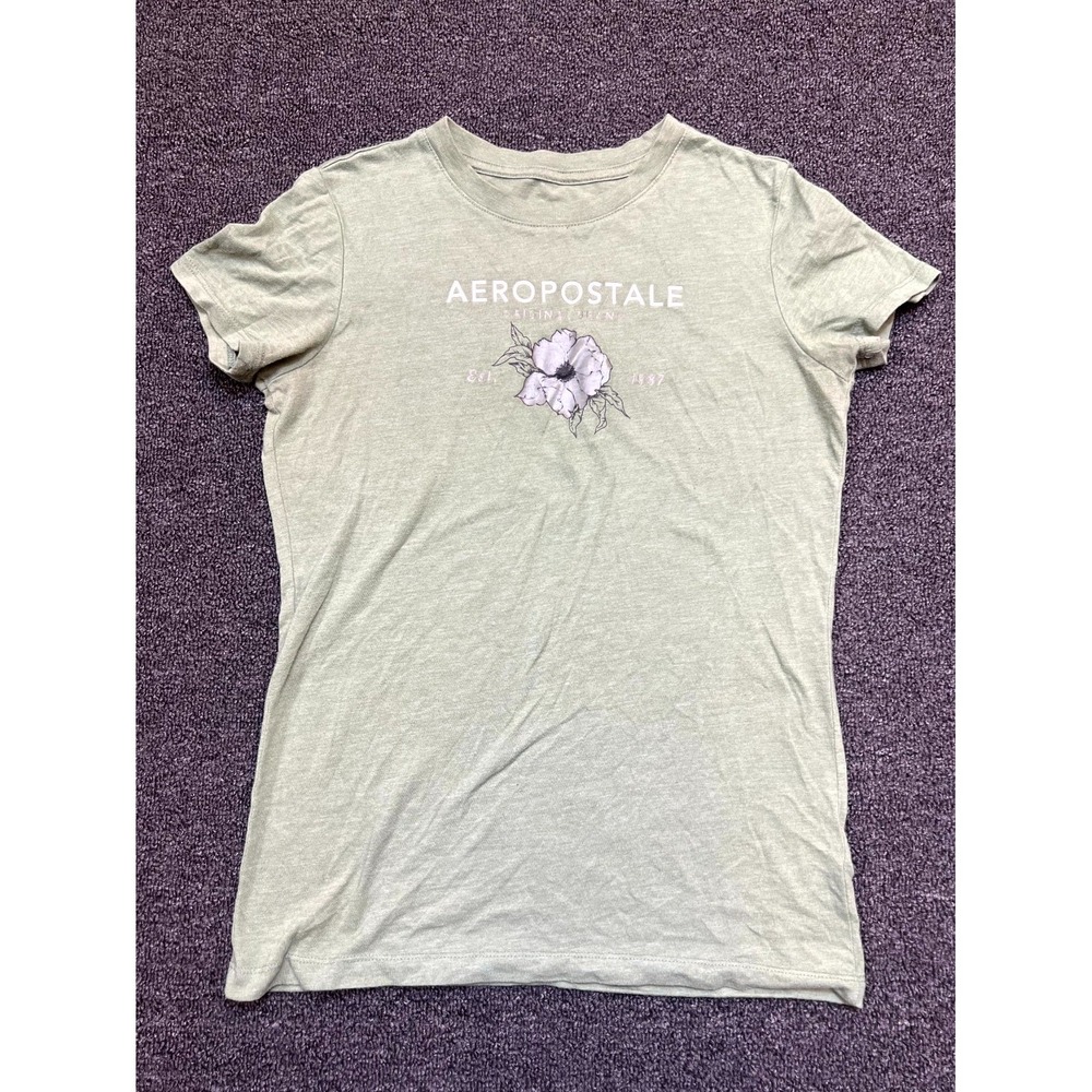 Aeropostale Classic Crew T-Shirt Womens Small Sage Green Floral Graphic Cotton